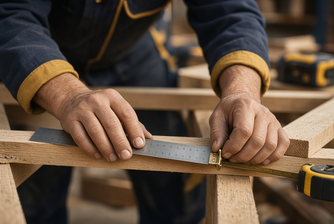 Craftsman measuring framing on a Kitty Hawk Building job site